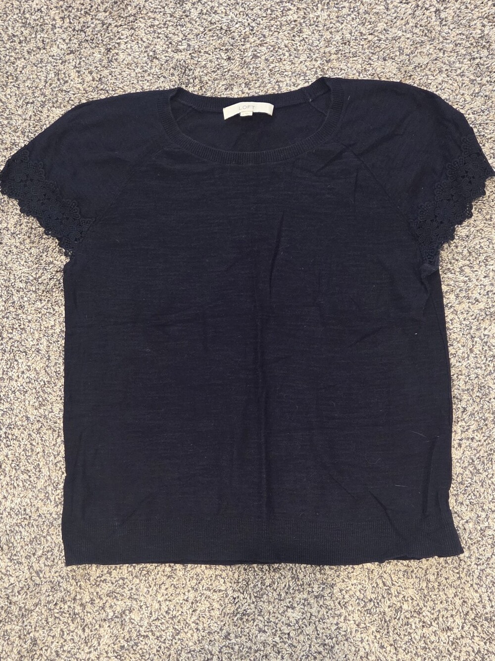 LOFT Navy Short Sleeve Lace Edge Knit Top